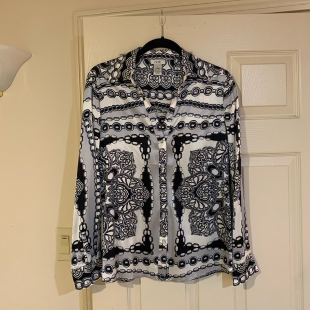 Cache Black/Gray Patterned Silk Blouse sz M